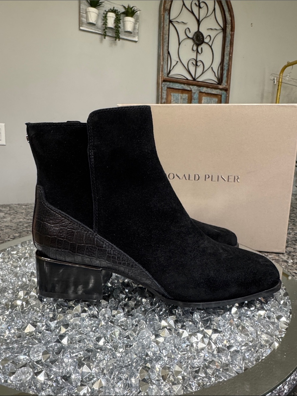 Donald J. Pliner Black Suede & Croc-Embossed Leather Ankle Boots NEW 6.5